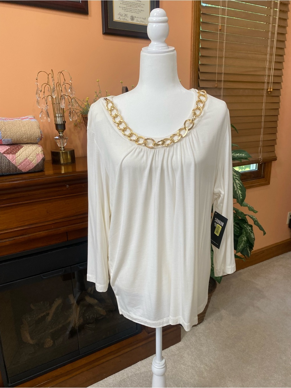 Sharon Young Cream Long-Sleeve Top with Gold Chain Neckline